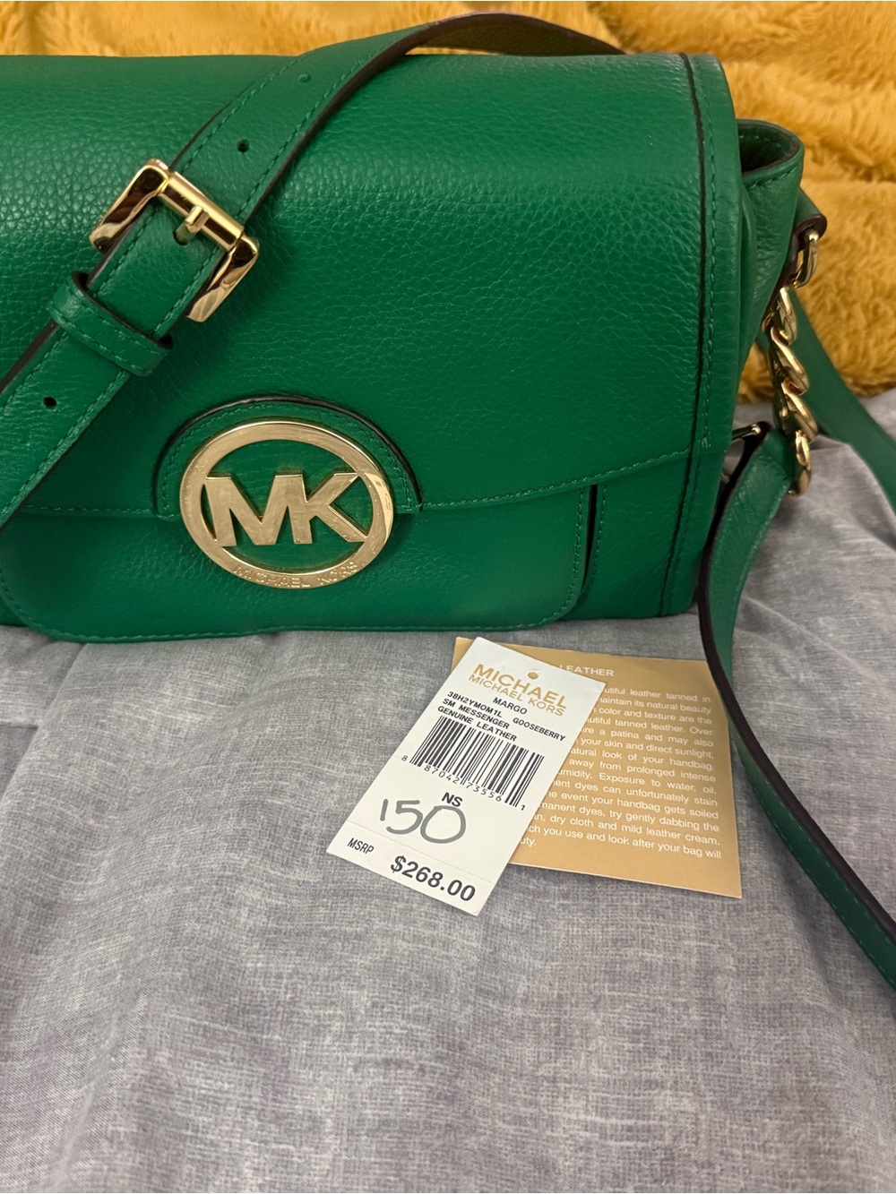 Michael Kors Emerald Green Pebbled Leather Crossbody with Gold MK Logo
